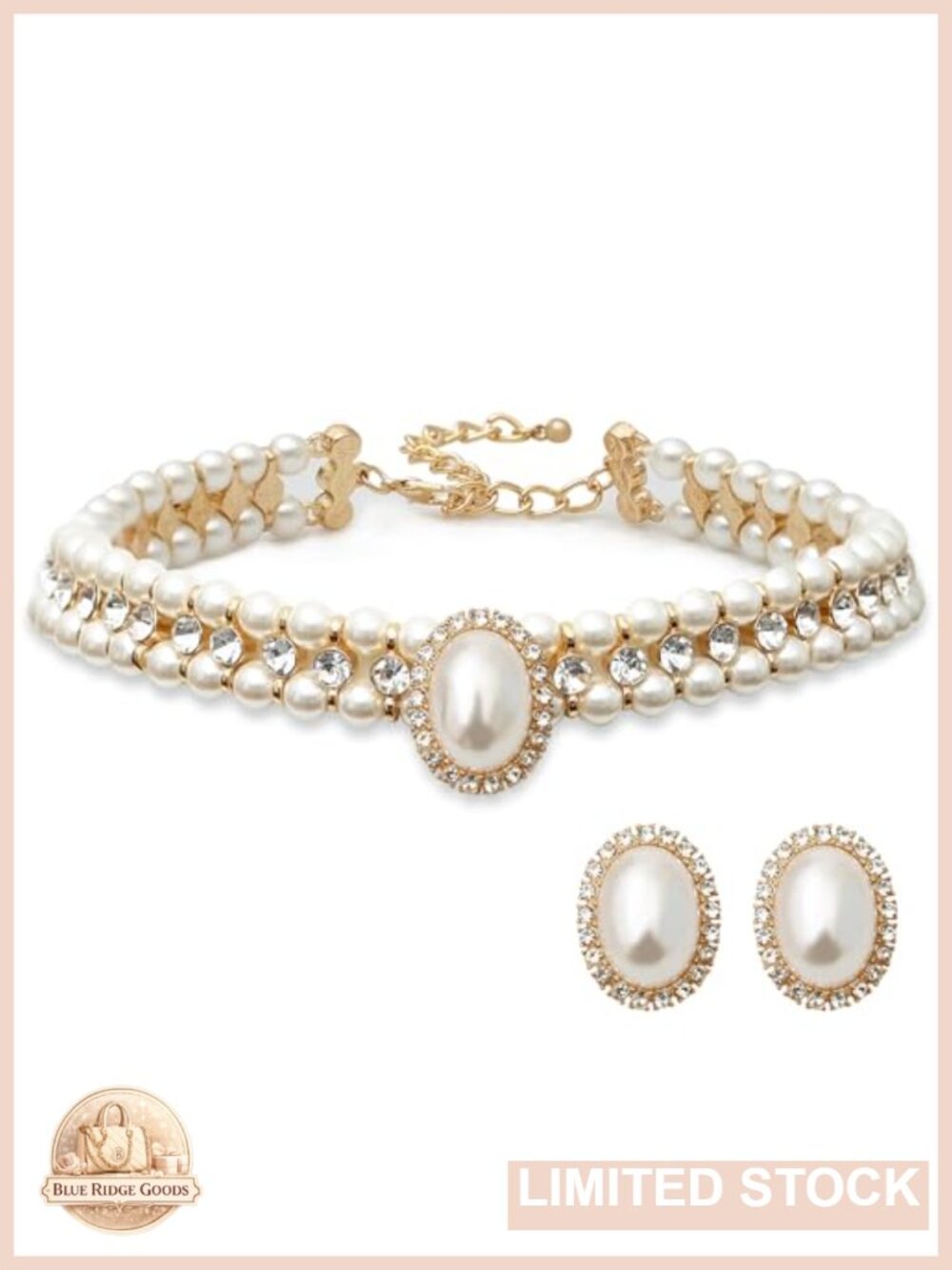 Layered Twisted Glass Pearl Choker Necklace Earring Set Rhinestone Costume